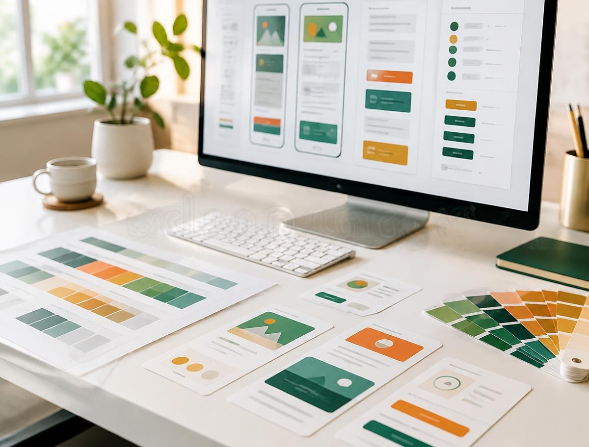 UI/UX design workspace with wireframes, color palettes, and component cards