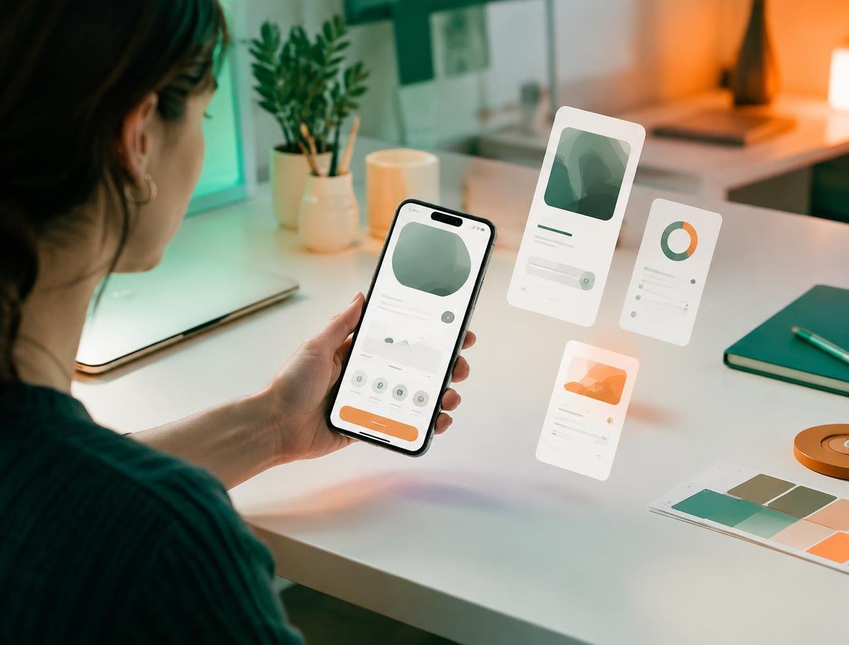 Designer reviewing a mobile application interface on a bright desk